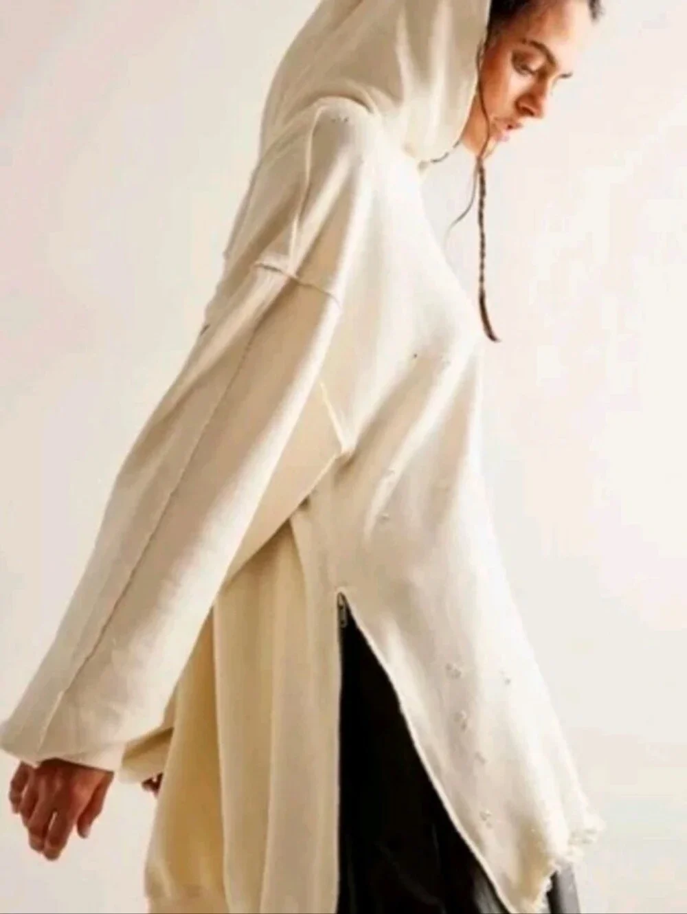 Free People Everyday Hoodie Sweatshirt Oversize Distress Harbor Fog Ivory Cream